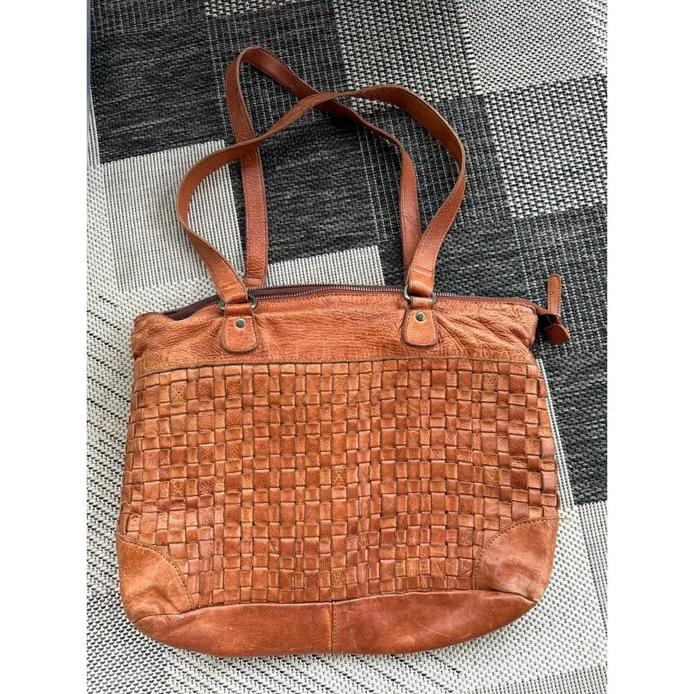 Anthropologie Vilenca Holland Woven Leather Work Tote Bag Cognac Laptop Sleeve - Picture 1 of 7